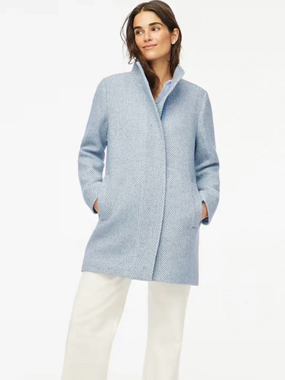 NWOT J. Crew Factory Herringbone City Coat in Pale Seascape Chevron Blue Size 00